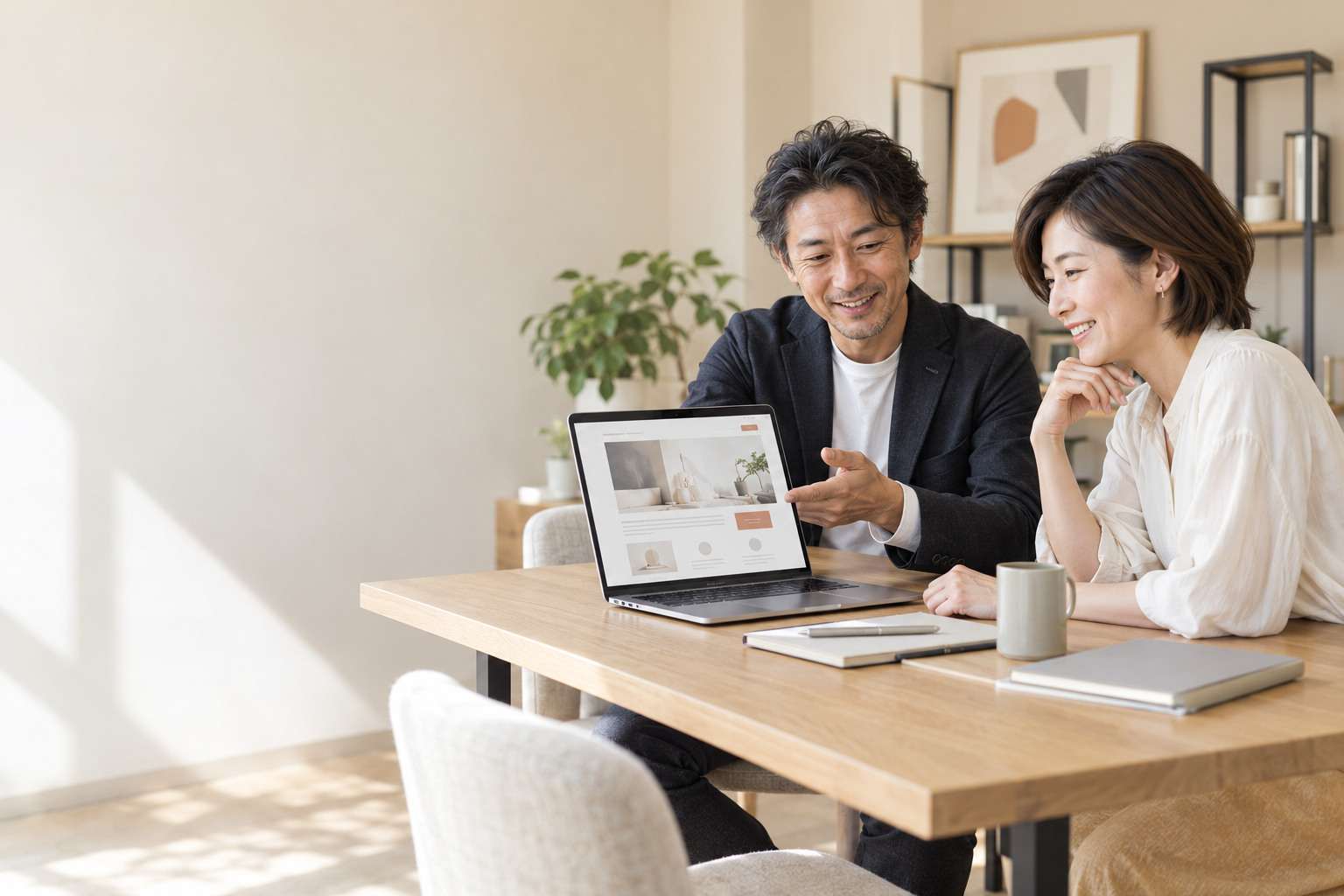 完成したLPをパソコンで確認する店舗経営者とLP制作者