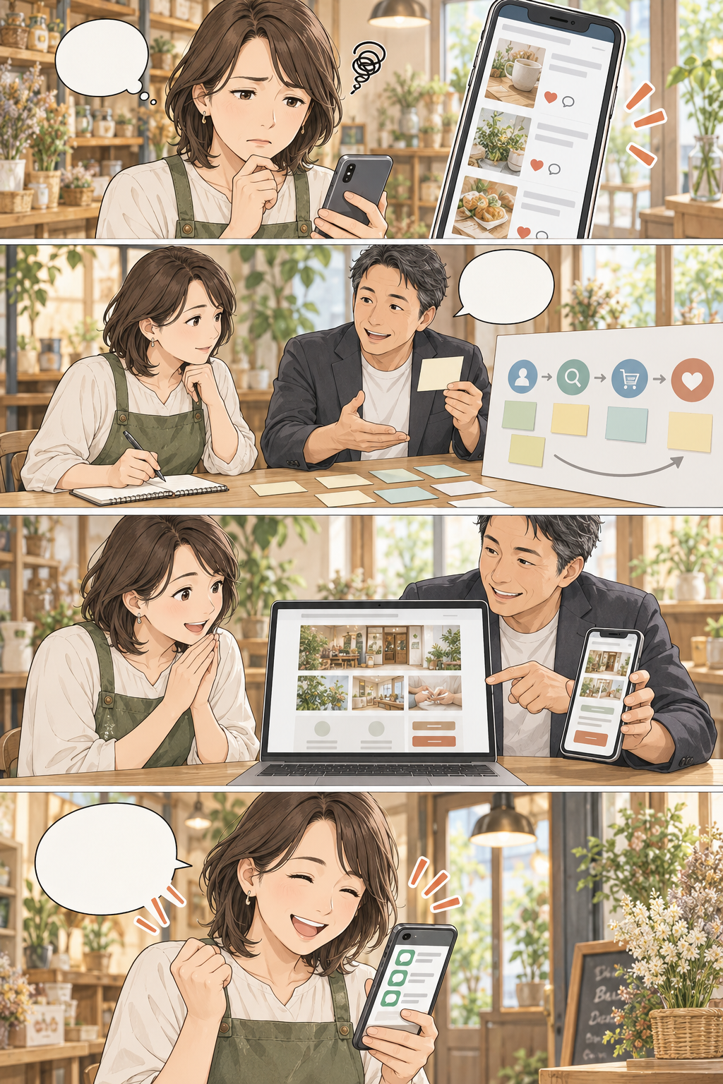 集客に悩むお店が伝え方を整え、問い合わせにつなげる4コマ漫画